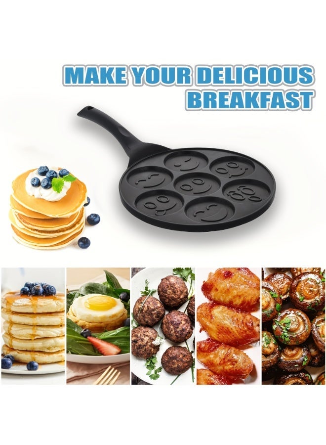 مقلاة غير لاصقة بسبعة ثقوب، مثالية لتحضير الفطائر والبيض واللحوم والخضراوات. تصميم مرح وجذاب، مناسبة لوجبات العائلة. مزودة بمقبض مقاوم للحرارة، لون أسود. - Image 3